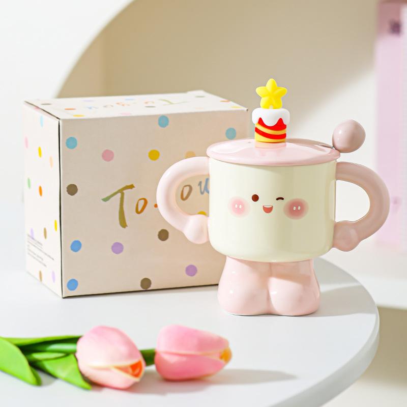 Creative Ceramic Cup with Lid Spoon Mug Small Cute Cup for Girls and Boys Gift Birthday Gift Milk Cup