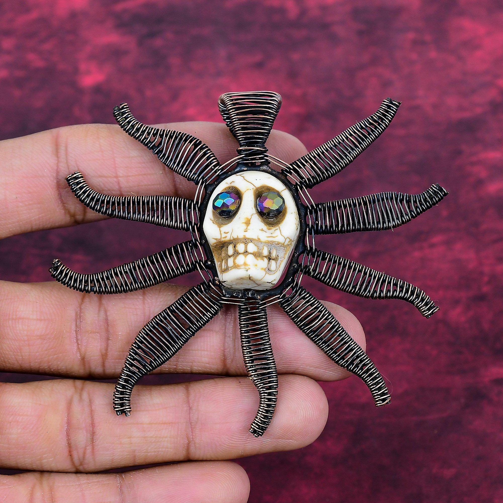 Howlite Copper Wire Wrapped Pendant Titanium Bead Eyes & Skull Bone Face Jewelry Gemstone Pendant