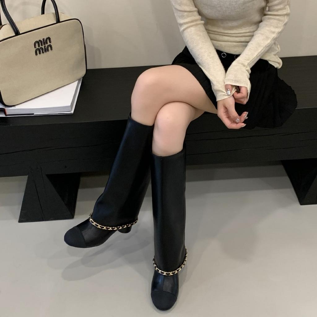 Premium Xiaoxiangfeng Apricot Black Splicing Thick Heel Pants Boots Women's 2025 Autumn Knight High Boots But Knee Boots