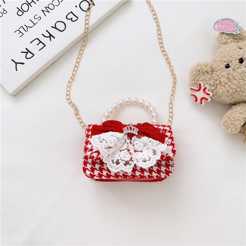 Kids Red Chain Crossbody Bag With Flower And Artificial Pearl Handle Design