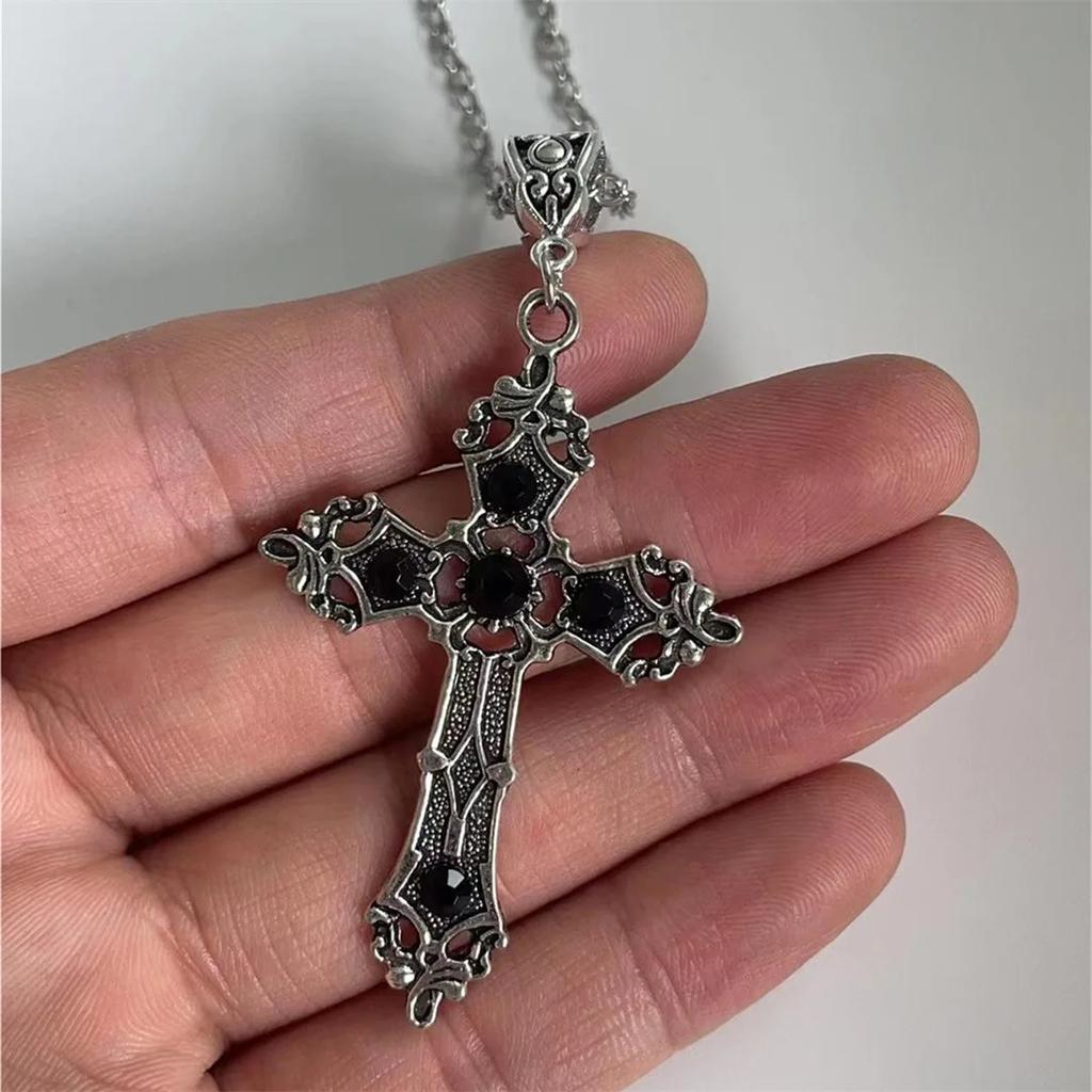 European and American retro simple fashion gothic black gem ruby cross pendant men's women's necklace
