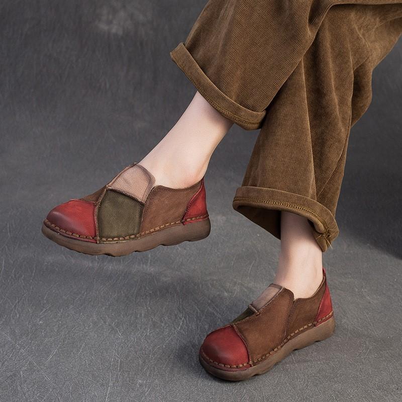 Johnature Retro Mixed Colors Soft Soled Flats Genuine Leather Comfortable Round Toe Women's Slip-on Shoes