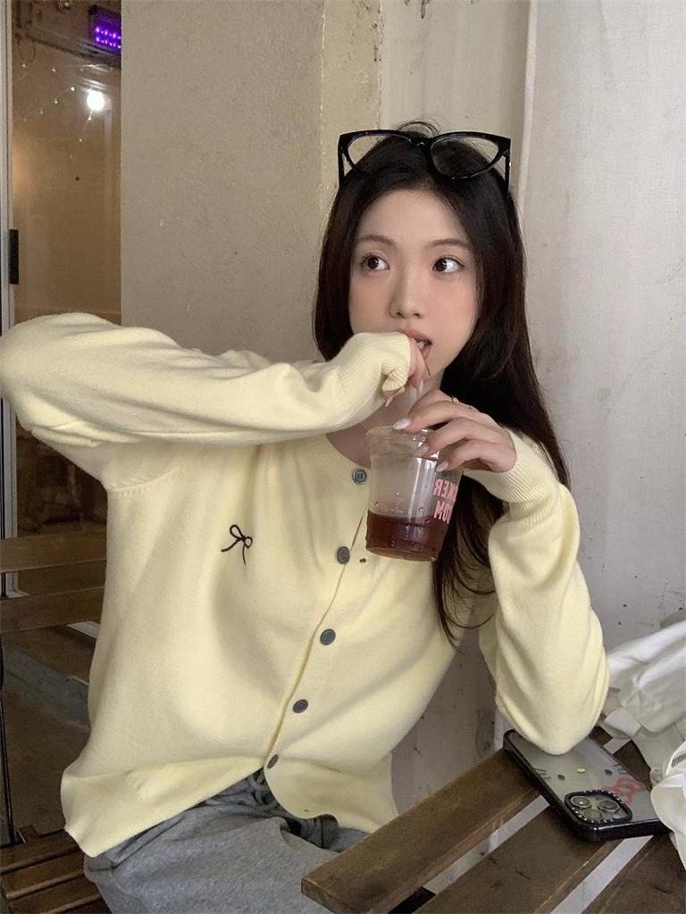 Women's Soft Knit Embroidered Bow Crew Neck Cardigan - Autumn Loose Sweater Coat