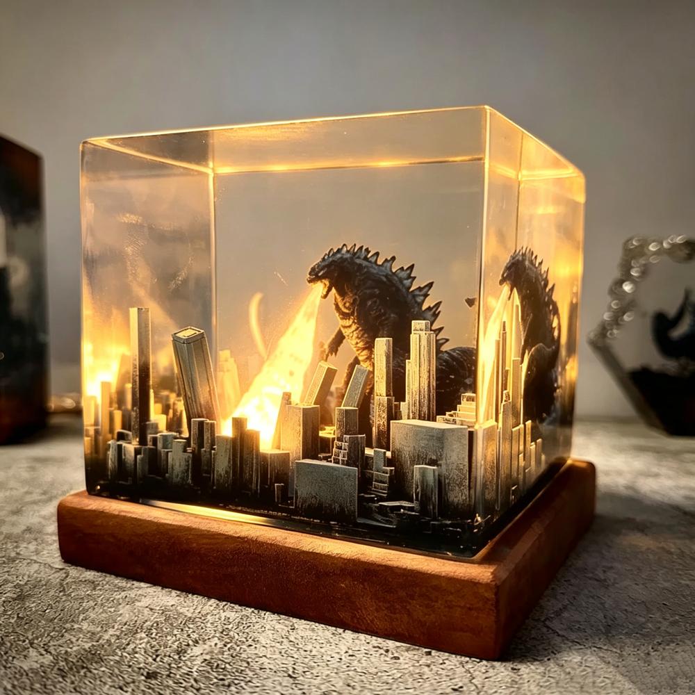 Godzilla Peripheral Night Light Model Ornaments Godzilla Atomic Breath Miniature Model Resin Epoxy Lamp Bedroom USB Atmosphere Light
