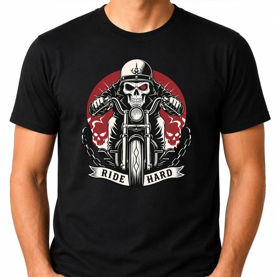 Skull Biker T-Shirt Ride Hard Motorcycle Chopper Skeleton Rider Graphic Tee.