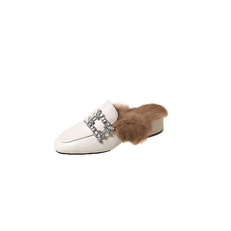 Fashion Aphixta Crystal Square Buckle Warm Winter Slipper Real Fur Women Mule Furry Shoes Square Toe 4.5cm Med Heel Black Modern Slides