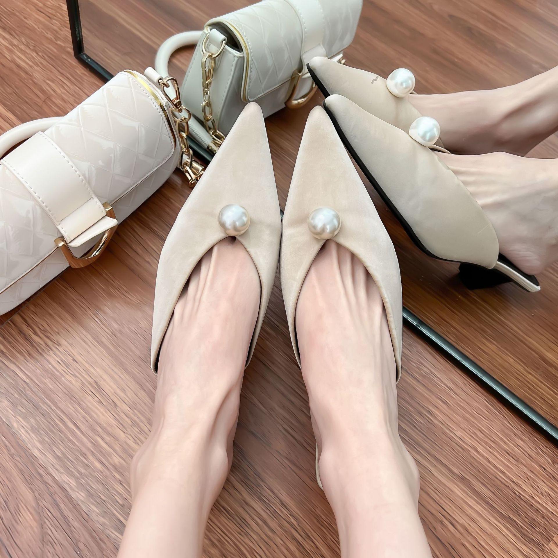 

Pointed single shoes 2025 new French bag head sandals thick heel triangular heel empty high heels not tired feet women s shoes 35