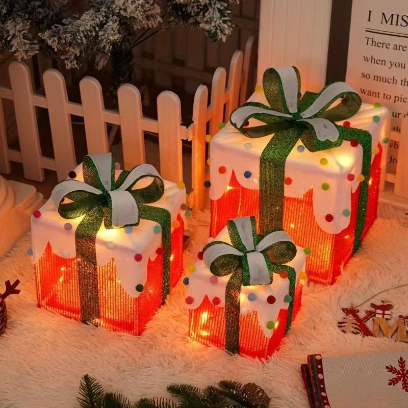 3pcs Lighted Christmas Gift Box Set with Warm LED Lights & Snowy Ribbon Bows  Cordless Holiday Decor (Batteries Not Includ)