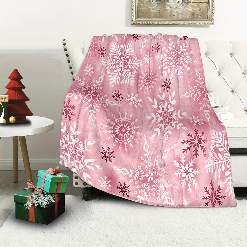 1pc Contemporary Style Pink Flannel Blanket, Digital Snowflake Print, Soft Throw for Christmas, Winter, Bedroom, Sofa, Living Ro