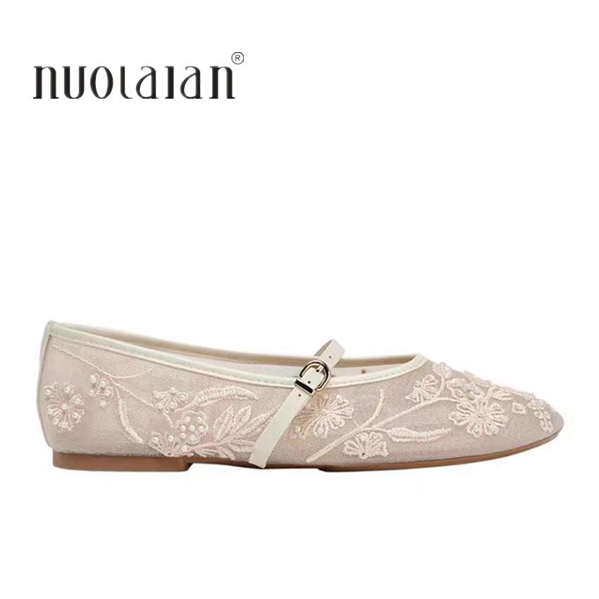 Mesh Embroidery String Bead Design Women Ballet Flats Fashion Buckle Breathable Mary Jane Shoe Comfort Low Heel Soft Flat Sandal