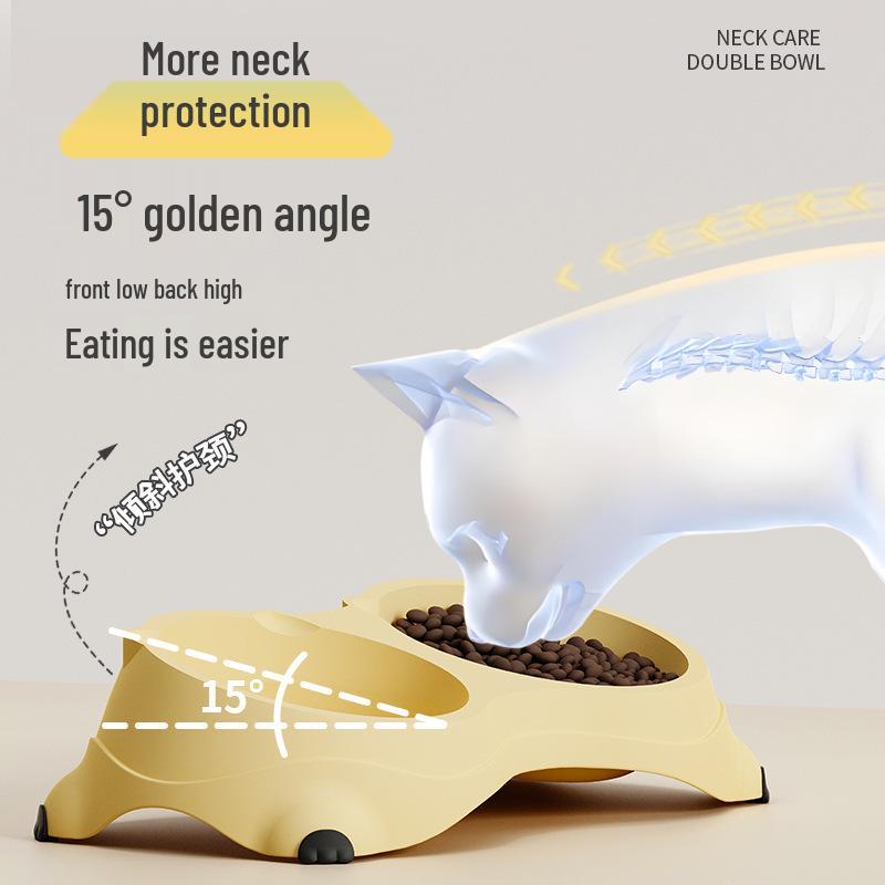 Nakloněná nerezová kočičí miska: Dvoumiskový design proti rozlití s ochranou krku pro krmení a pití
