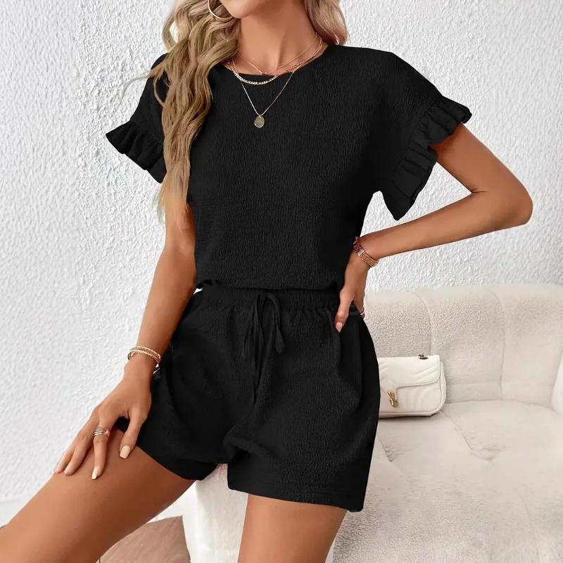 Women's Vacation Fashion Casual Shorts Suit Solid Summer Shorts and Top Two Piece Sets Fashion Fold Texture Outfit Woman Clothes