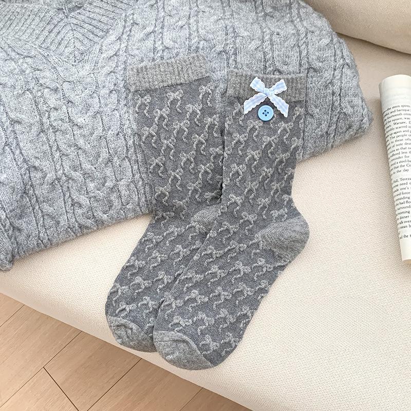 Fall/Winter Gray Warm Fleece Socks - Children's Color-Contrasting Butterfly Knot Mid-Calf Socks with Hollowed-Out Hemp Patterned Layers for Women