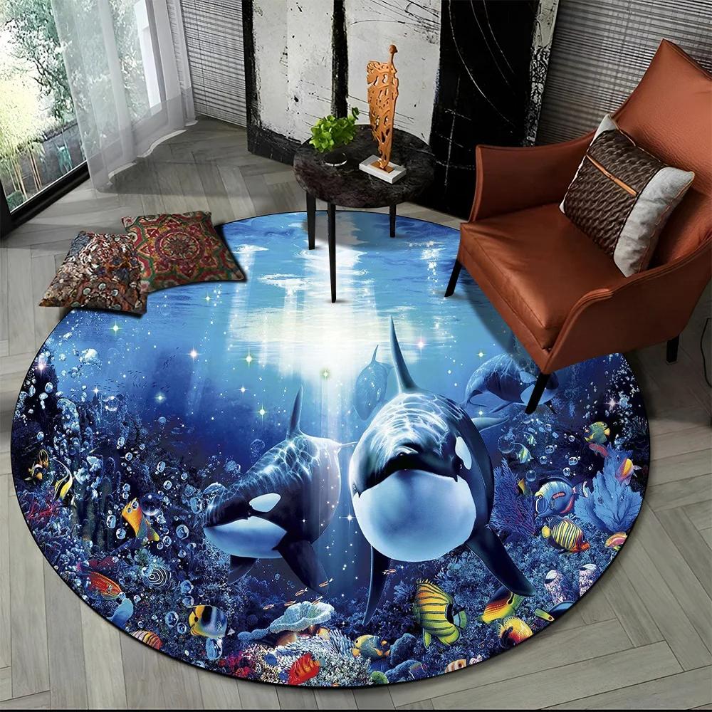 Underwater World Seabed Fish Dolphin Cartoon Round Carpet Rug for Living Room Bedroom Kids Decor,Pet Area Rug Non-slip Floor Mat