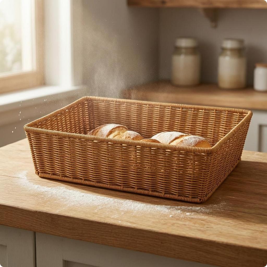 Rectangular Woven Basket Handwoven OpenTop Storage Reinforced Rim for Kitchen Counter, Table