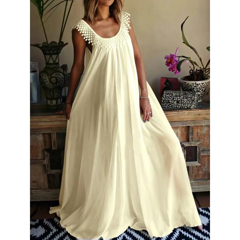 Vestido de Moda de Verano para Mujer Elegante de Cuello Redondo Grande sin Mangas Largo Oversize con Encaje