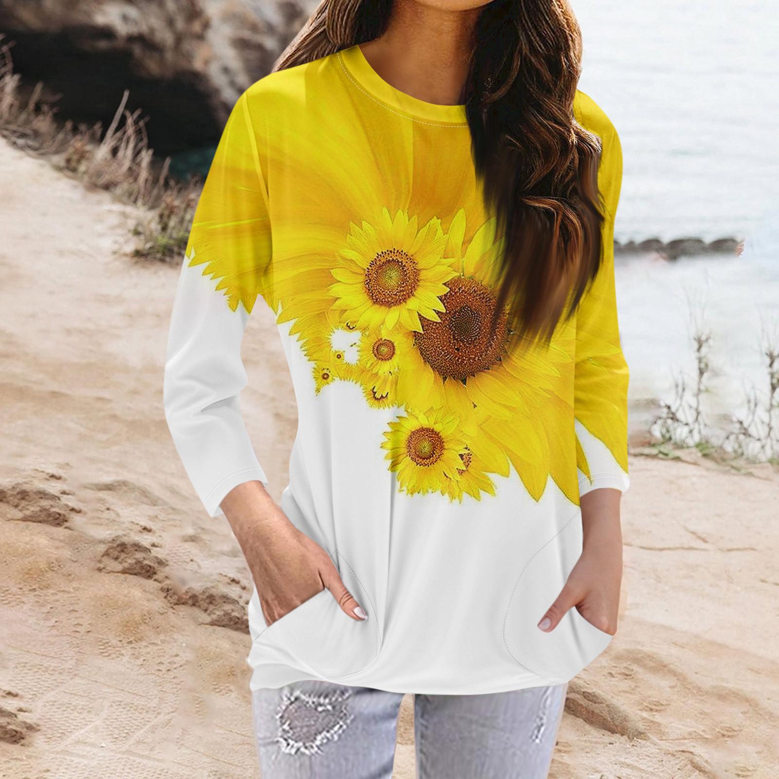 

Женская модная повседневная футболка с карманом и круглым вырезом с рукавами 3/4 и топом XL жёлтый