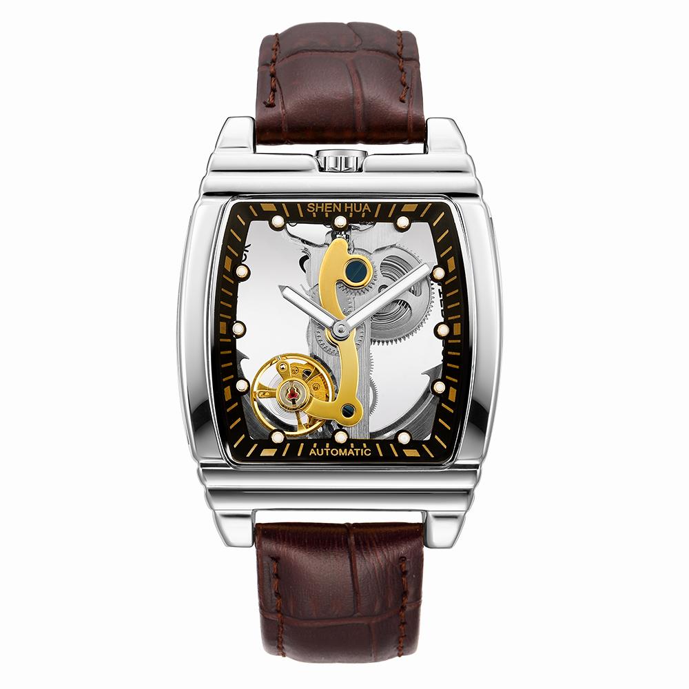 Reloj Mecánico Automático Transparente Hombre Steampunk Esqueleto Engranaje de Lujo Cuerda Automática Cuero Relojes de Hombre Montre Homme