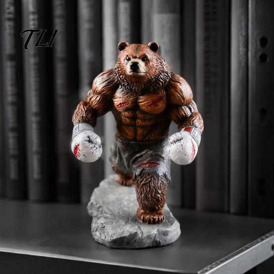 Realistic Bear Statue Resin Boxing Figurine, Muscle for Desk Decor, Small Ornament Brown White Sculpture Office and Home Display