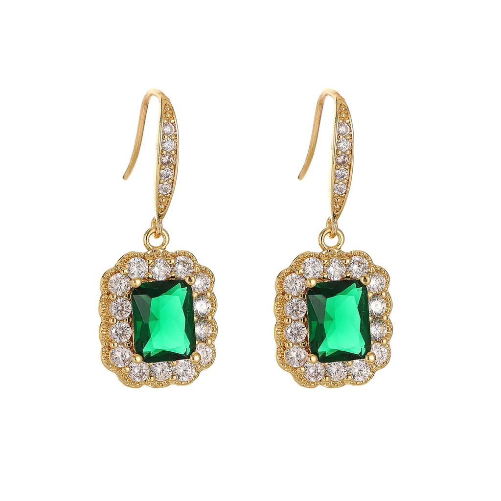 Delicate Female Earrings Sterling SIlver Green Square AAA Zircon Emerald Earrings for Women Girls Statement Bijoux