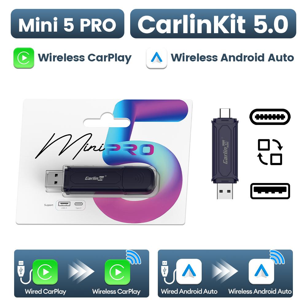 CarlinKit 5.0 Wired To Wireless Adapter Wireless Android Auto CarPlay Smart Car Box Bluetooth WiFI Auto Connect Online Upgrade 365 Days Warranty