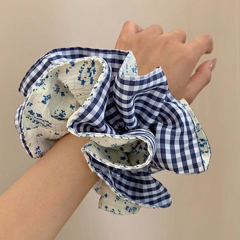 Vintage Stoff Karo Floral Scrunchie Für Frauen Französisch Großes Pferdeschwanz Seil Haargummi Elastisches Haarband Stirnband Haarschmuck