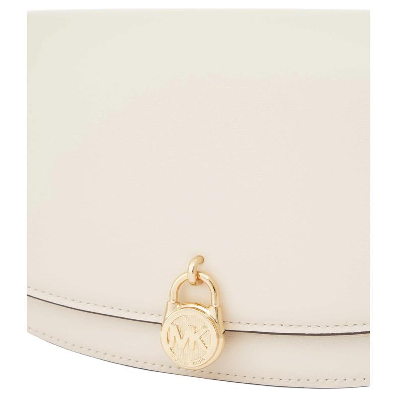 Michael Kors Mila Oval Flap Design Gold Lock Element Cow Split Leather Shoulder Crossbody Bag Medium Women's Milk White