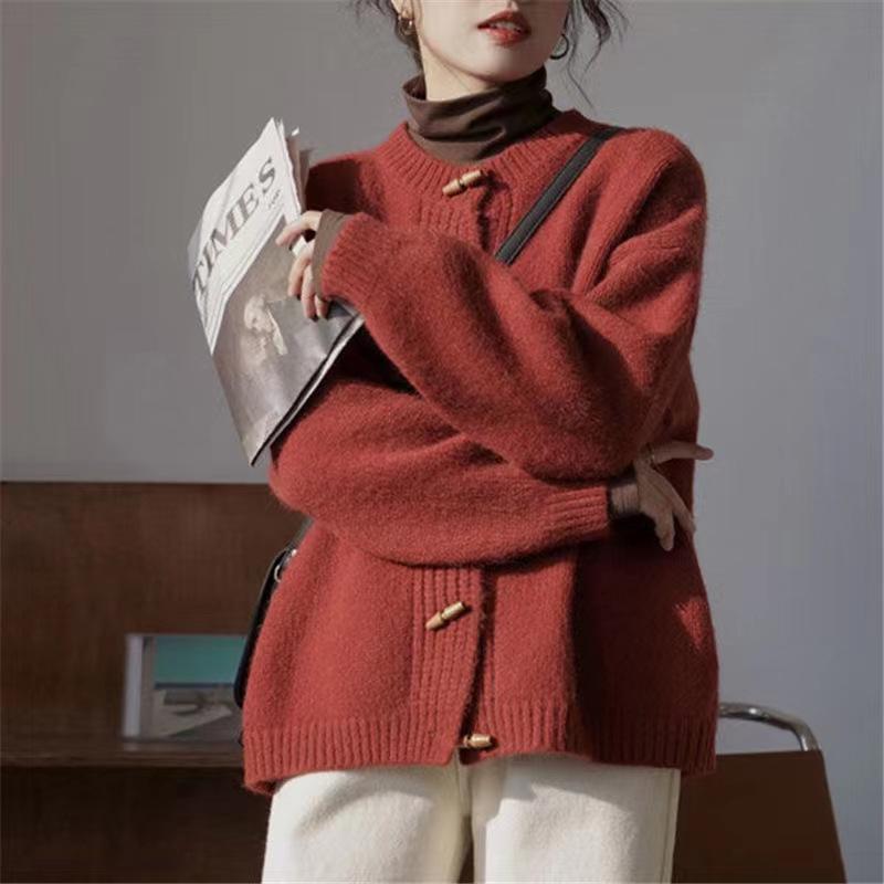 Women Spring Autumn Vintage Soft Supple Round Neck Sweater Knitted Cardigan Jacket  Idle Style Top