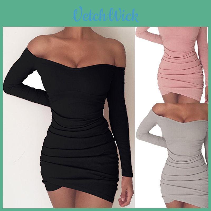 Elegante Dames Lange Mouwen Off Shoulder Avond Cocktailfeest Club Bodycon Mini Jurk Us