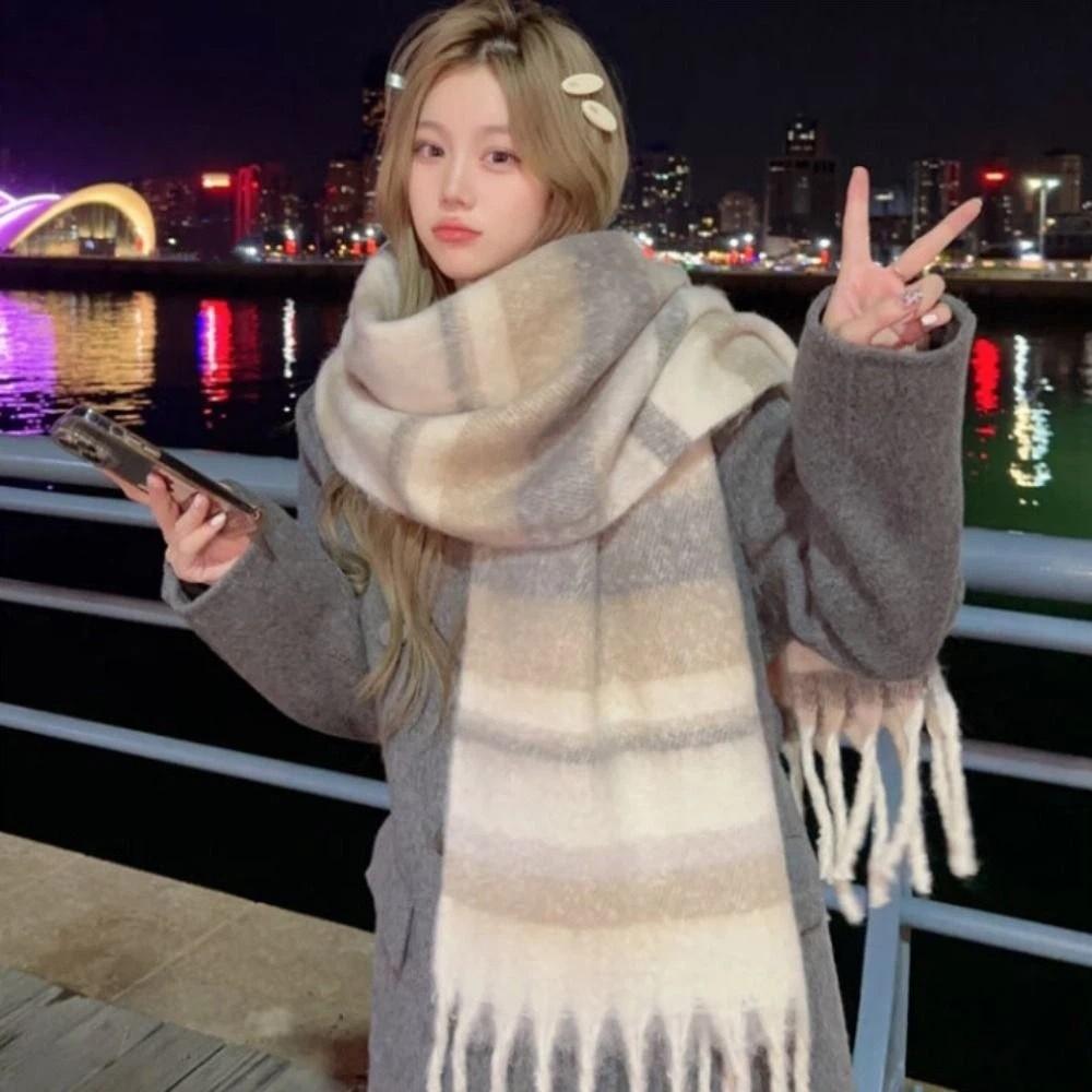 Tassel Plaid Wool Scarf Mohair Long Shawl Elegant Winter Cashmere Scarves  Student