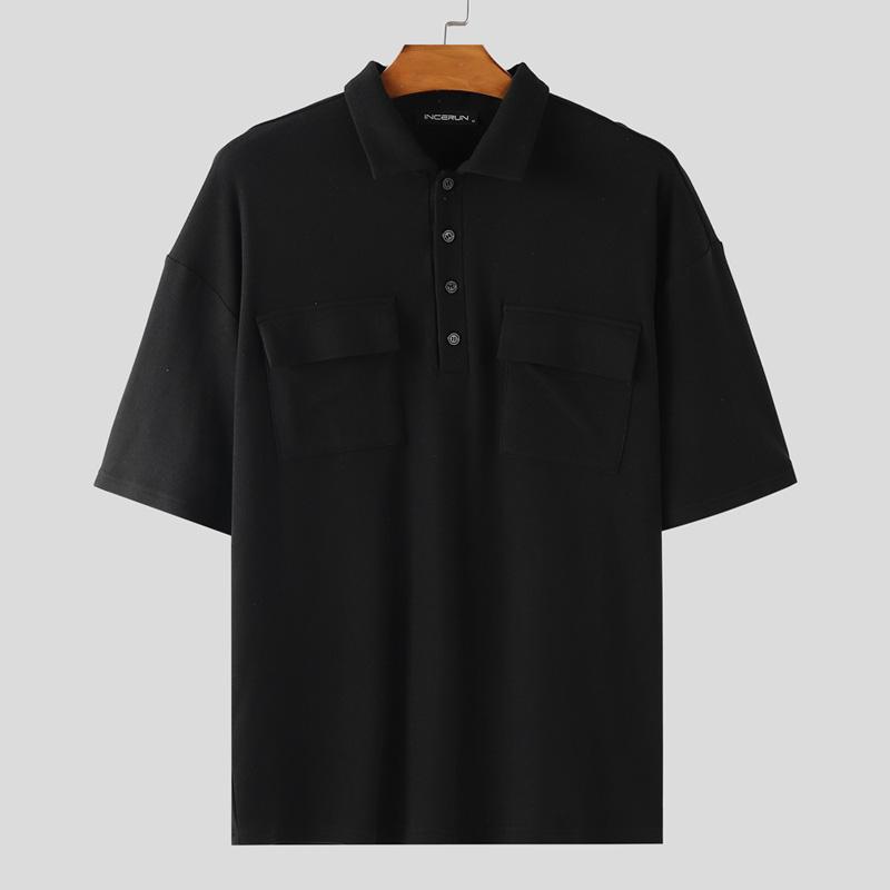 

INCERUN Men Turn-down Collar Short Sleeve Casual Oversized T-shirts Tops S чорний