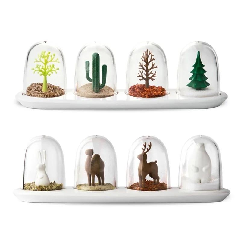 4 Piezas/Set Plantas Decoración Animal Botella Almacenamiento Especias Cocina Caja Condimentos Tarros Sal Pimienta Comino en Polvo Botellas Condimentos