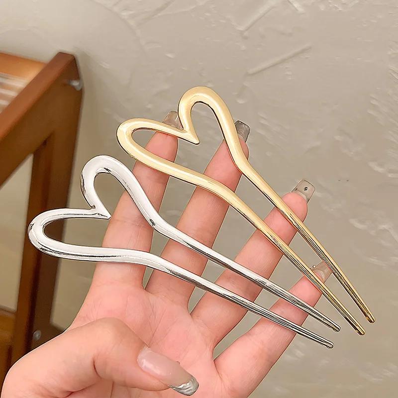 Korean New Hairpin Hair Sticks Heart Geometric Metal Trendy Metal Hair Accessories Headwear Hairstyle for Women Girls Jewelry