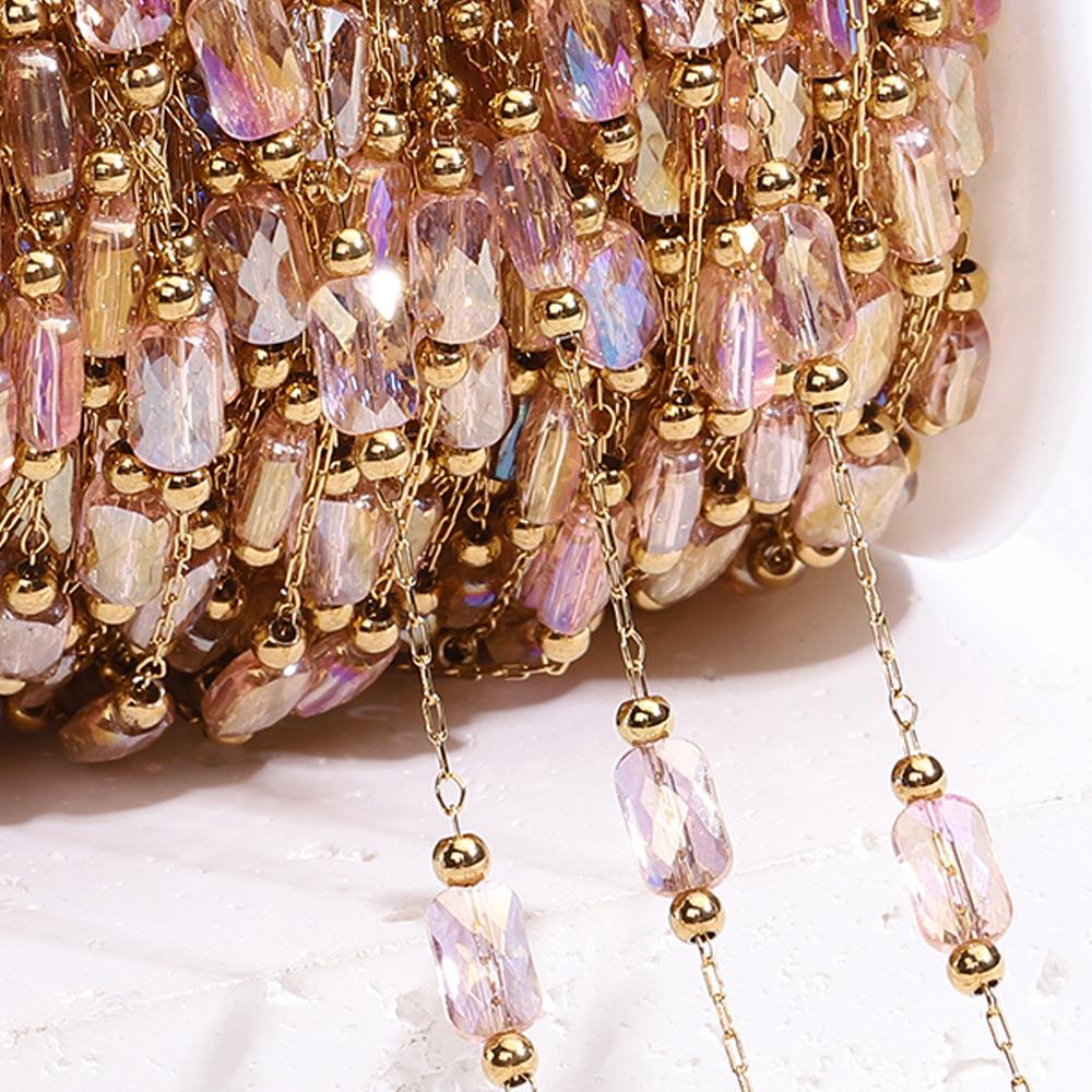 

No Fade 2Meters 1Meter Stainless Steel Pink White Natural Stone Crystal Beaded Chains for Necklace Bracelet Jewelry Making DIY 1meter рожевий
