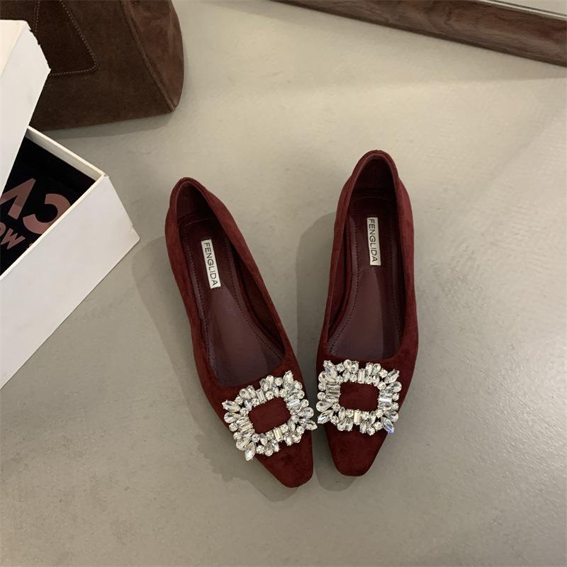 Retro Suede Rhinestone Square Buckle Flat-soled Single Shoes for Women's 2025 Spring and Autumn New French Square Head Shallow Mouth Soft-soled Doud