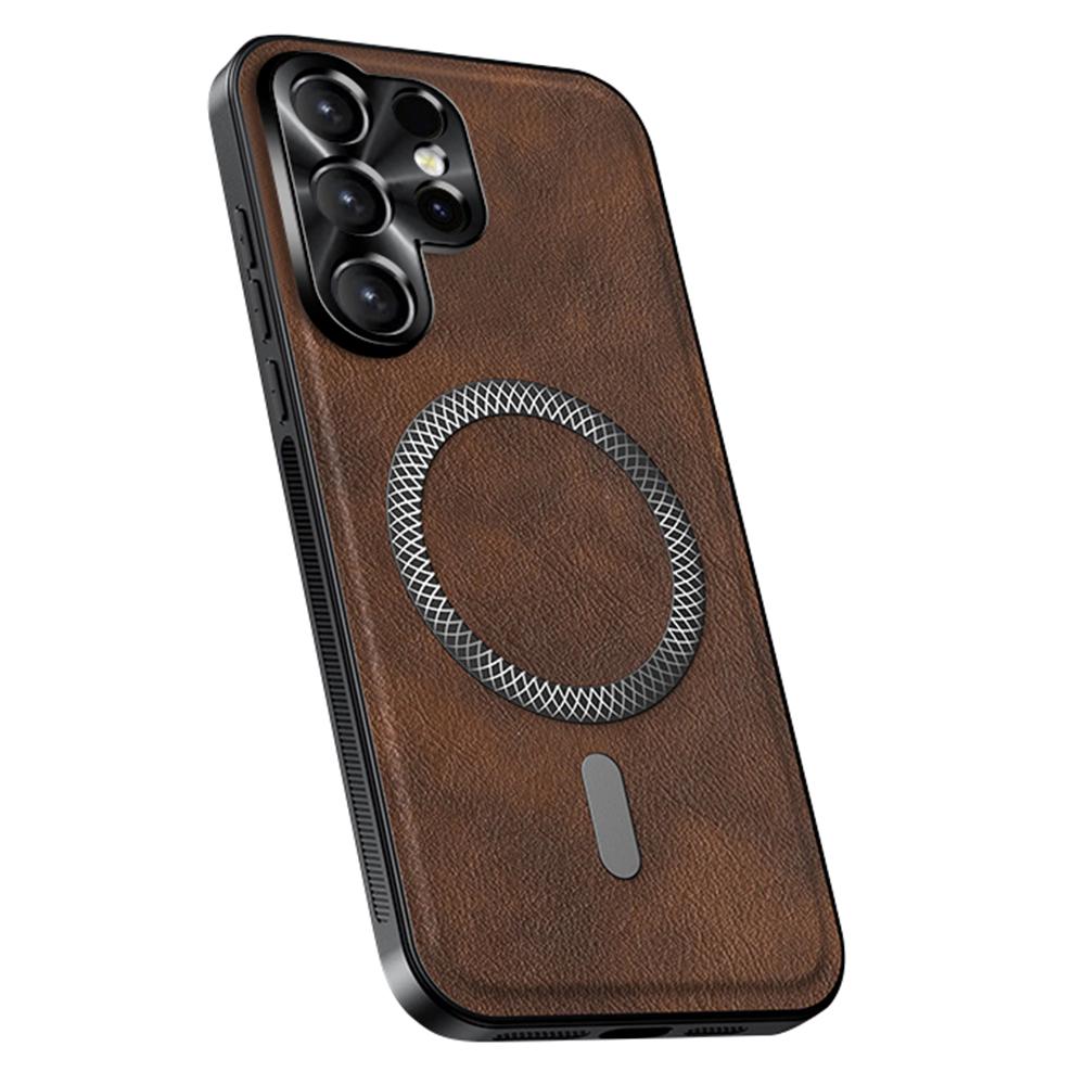 

Для Samsung Galaxy S24 Ultra Чехол Совместимый с MagSafe PU TPU PC Задняя крышка телефона с металлическим ободком для объектива Brown