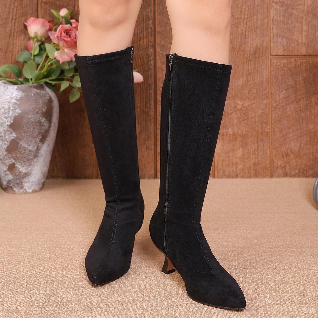 Stivali alla Moda con Tacco Sottile Invernali Sottopiede in Camoscio Punta Appuntita Taglia Grande Tacco Medio Stivali Skinny Donna