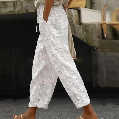 Women Lace Drawstring Elastic Waist Loose Soft Slant Pockets Ankle Length Mid Waist Commute Style Female Trousers