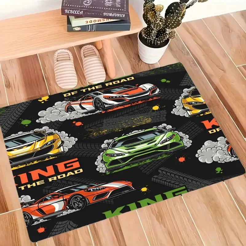 Kings of Roads Kolorowe samochody wyścigowe Drukuj dywan antypoślizgowy do salonu sypialni nadający się do prania w pralce prostokątna mata podłogowa