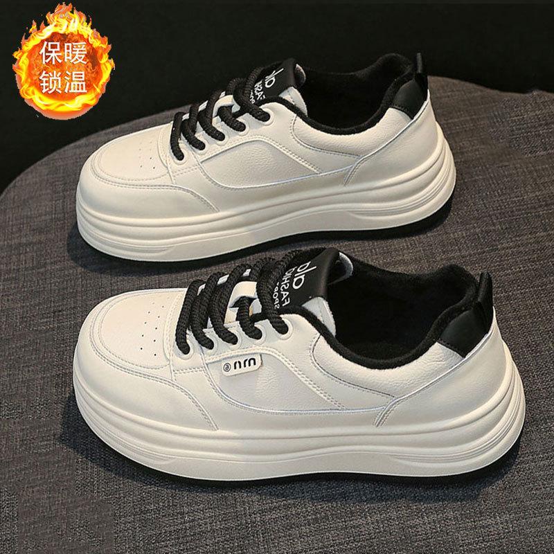 Leather muffin thick-soled little white shoes women's shoes autumn and winter new velvet warm cotton shoes soft-soled casual board shoes