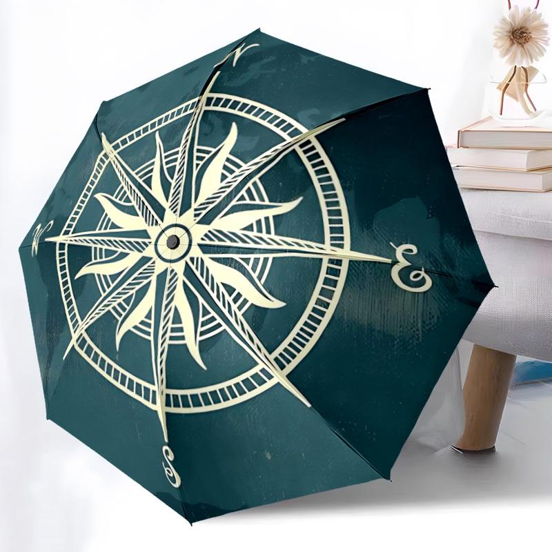 1pc Compass Navigation Auto Folding Cute Leisure Cool  Umbrella, 8-Rib Sturdy Canopy, Portable Travel Umbrella for Outdoor Use,119