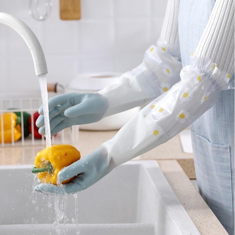 Dishwashing gloves women thickened housework kitchen durable laundry long gloves plus velvet rubber