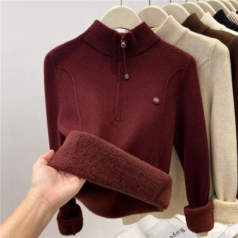 Winter Zipper Semi-turtleneck Thickened Integrated Fleece Warm Inner Top Soft Waxy Sweater Premium Bottoming Shirt