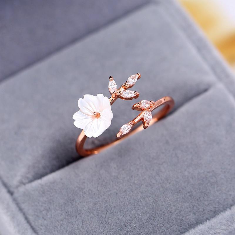 Delicate Zircon Crystal Leaf Shell Flower Ring for Women Ladies Girls Rose Gold Color Finger