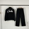 Mens Casual Hoodless Letter Print Zip-Up Jacket Set With Fleece Lining Loose Fit Outfit