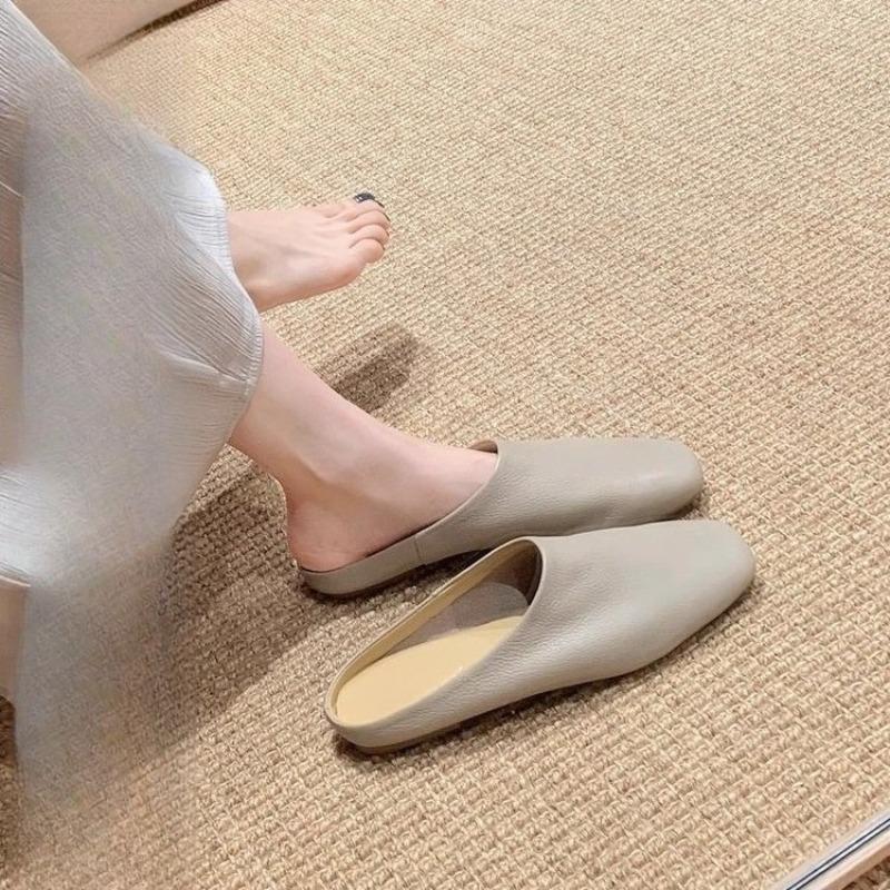 Fashion 2025 New Baotou Half Slippers Women Summer Outside Wear Square Toe Mid-mouth Soft Soft Slip Non-slip Slip-on Flat Shoes