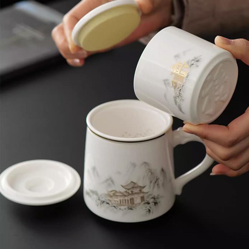 Chinese Style Pattern Tea Filtering and Separation Cup, With Cover White Porcelain Personal Mug, Home Drinkware Ceramic Cup, 1Pc