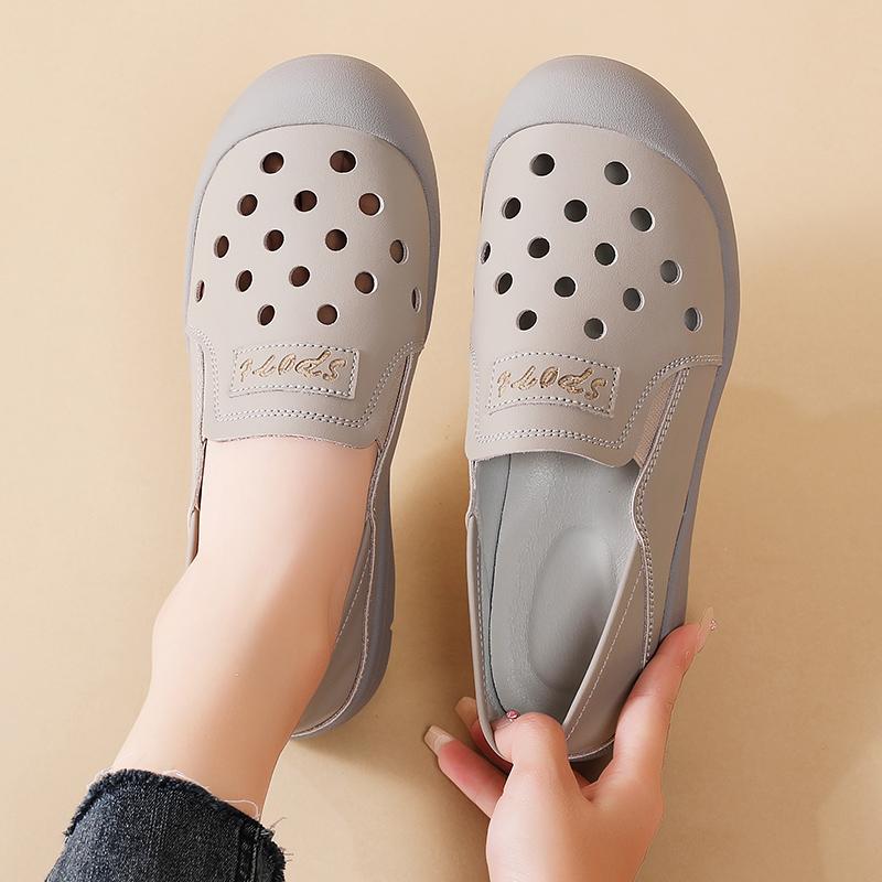 Genuine Leather Women's Flats 2 In 1 Casual Shoes Ladies Elastic Walking Shoes Slip-on Loafers Round Toe Slippers Waterproof Working Shoes