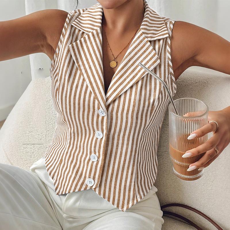 

ZANZEA Женский летний полосатый жилет без рукавов с лацканами с вырезом L коричневый