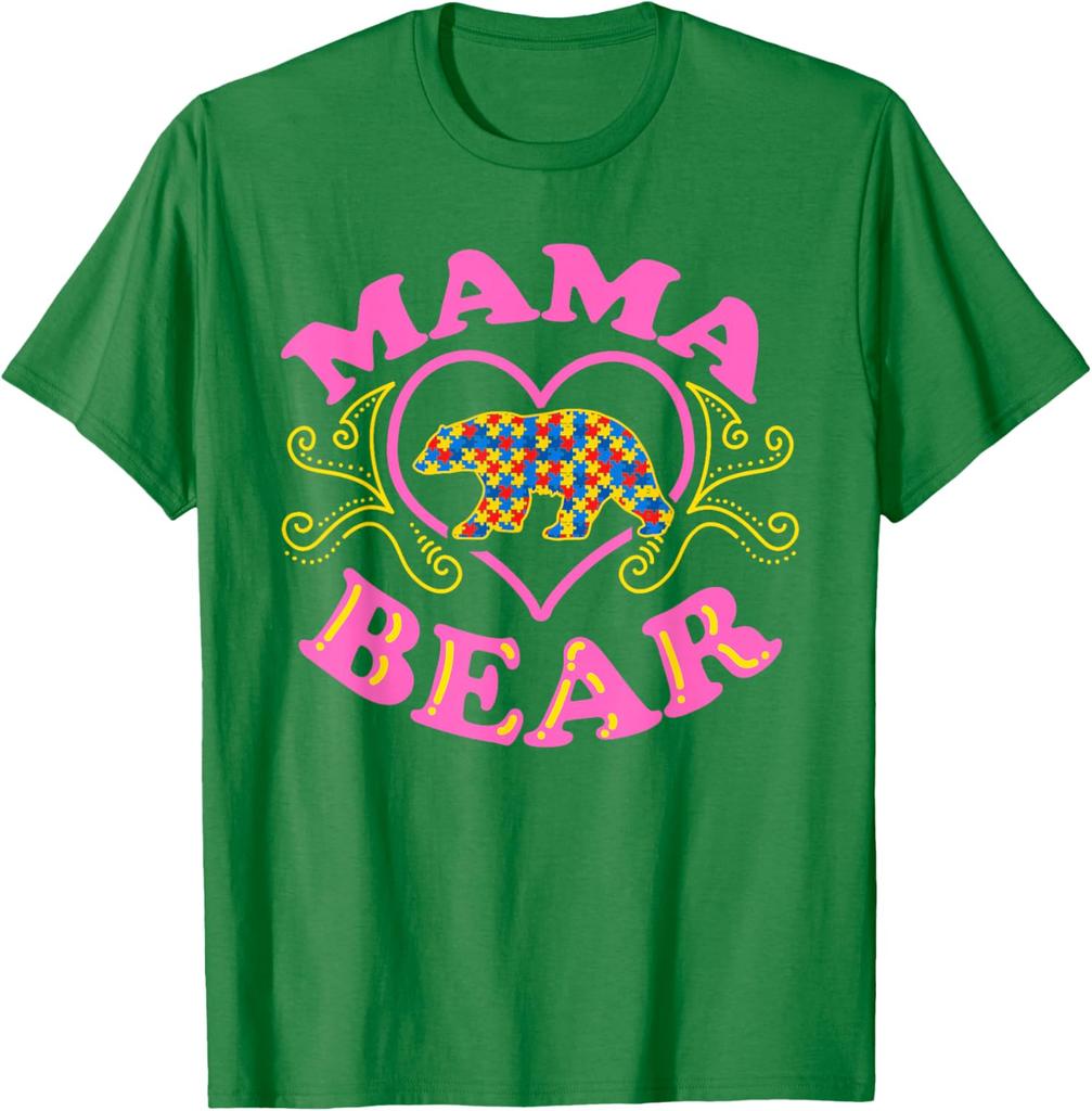 Mama Bear Autism Awareness Puzzle Bear Graphic T-Shirt Casual Short Sleeve Crewneck Tee